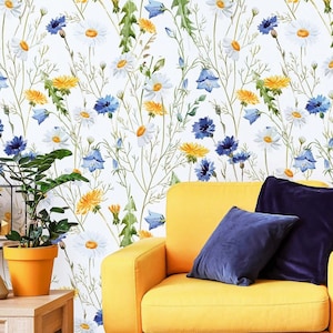 Blue and Yellow Wildflower Wallpaper, Botanical Wallpaper, Meadow Removable Wallpaper, Country Wall Mural for Home Decor, Daisy Wallpaper