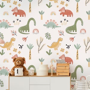 Cute Dinosaur Nursery Wallpaper, Kids Peel and Stick Wallpaper, Whimsical Dino Wall Art, Playroom Wallpaper, Kids Room Decor, Wall Mural