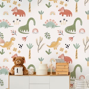 Cute Dinosaur Wallpaper for Nursery, Peel and Stick Wallpaper for Kid’s Room, Cute Wallpaper for Boy’s Room, Dino Self-Adhesive Wallpaper