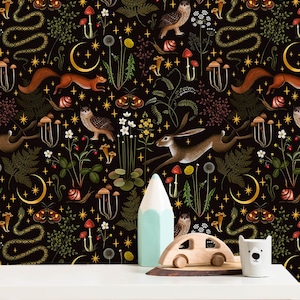 Dark Forest Wallpaper, Squirrel and Tree Peel Stick Wallpaper, Animal Wallpaper Mural, Woodland Wallpaper, Nursery Wallpaper, Wall Art