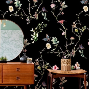 Bohemian Peel and Stick Removable Wallpaper for Home Decor, Multicolor Floral Wall Art with Black Background, Butterfly & Flowers Wall Mural