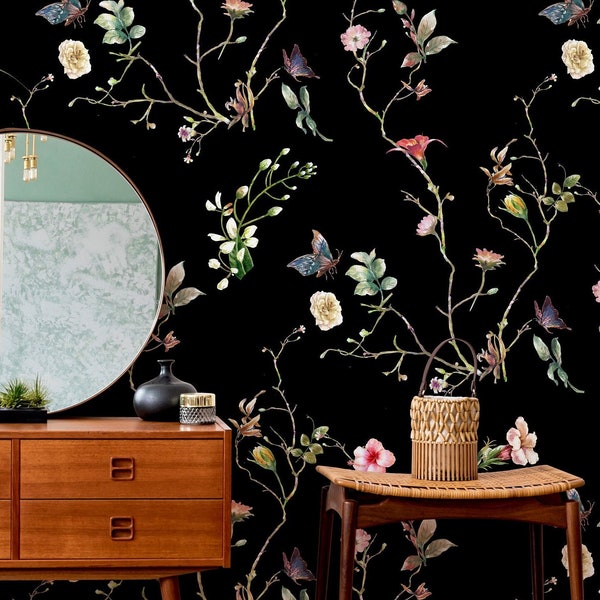 Black Wallpaper with Butterflies and Flowered Branches, Dark Butterfly Botanical Stick & Peel Wallpaper, Aviary Garden Wallpaper Bedroom