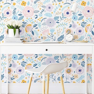 Pastel Blue Floral wallpaper, Light Blue Wallpaper Peel and Stick, Pink  Blue Yellow Flowers Wallpaper, Colorful Flower Wallpaper Removable
