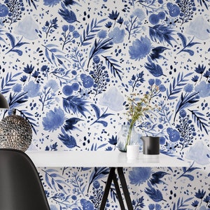 Peel and Stick Wallpaper, Watercolor Vinyl Wall Mural for Bedroom, Blue Leaves and Flowers Wallpaper, White Background Floral Wall Art