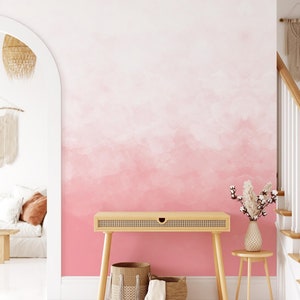 Soft Pink & White Gradient Wall Art for Girls’ Room, Elegant Watercolor Wall Mural for Summer Decoration, Reusable, Removable Wallpaper