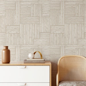 DIY Peel and Stick Removable Wallpaper, Elegant Art Deco Bedroom Wall Mural, Boho Wallpaper for Stylish Interior, Beige Striped Wall Art