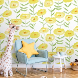 Yellow Floral Wallpaper, Yellow Spring Wallpaper for Nursery, Wallpaper Peel and Stick Floral, Yellow Removable Wallpaper
