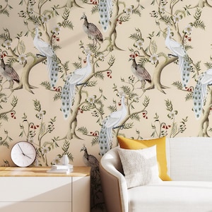 Vintage-Inspired chinoiserie wallpaper, Bird Botanical Wallpaper, Enchanted Forest Wallpaper, Oriental Peel and Stick Wallpaper, Wall Mural