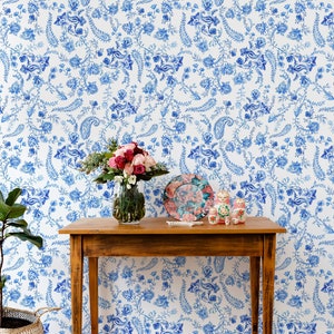 Blue Paisley Floral Wallpaper, Removable Wallpaper, Peel And Stick Wallpaper, Traditional Home Decor, Country Cottage Wallpaper Mural