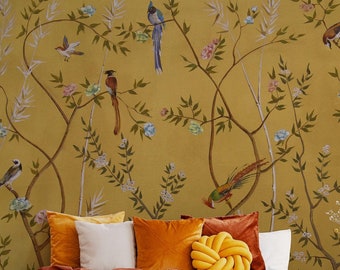 Chinoiserie gold wallpaper, Unique Chinoiserie Removable wallpaper, Vintage luxury wallpaper, Chinoiserie Wallpaper peel and stick