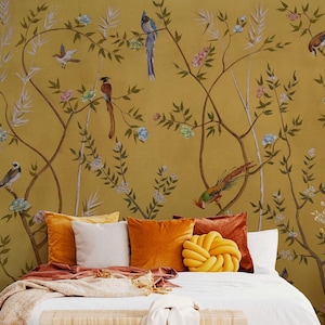 Chinoiserie gold wallpaper, Unique Chinoiserie Removable Wallpaper, Vintage Luxury Wallpaper, Chinoiserie Wallpaper Peel and Stick Wallpaper