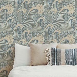 Wave Peel and Stick Wallpaper, Ocean Wallpaper Mural, Art Deco Wallpaper, Japanese Inspired Removable Wallpaper, Abstract Wallpaper