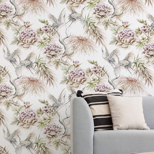 Birds and Peony Wallpaper, Chinoiserie Removable Wall Mural, Boho Peel and Stick Wallpaper with Tree for Living room, Kitchen Wall Covering