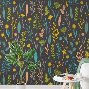 Dark floral mural wallpaper, Botanical Wallpaper, Floral wildflower wallpaper, Waterproof wallpaper, Dark floral dandelion wallpaper