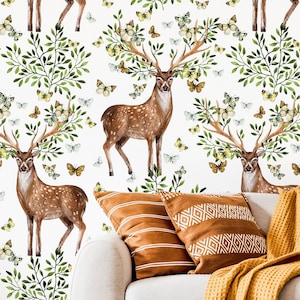 Deer wallpaper Animals peel and stick Wallpaper, Scenic wallpaper mural, Animals mural Green cottagecore Wallpaper Woodland forest wallpaper