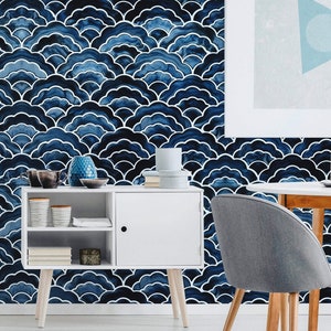 Modern Moroccan Wallpaper for Home Decor, Peel and Stick Wallpaper for Living Room, Navy Blue Geometric Waves Wall Art, Dark Wall Mural