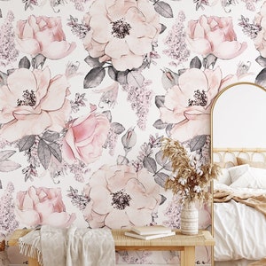 Pink Rose Floral Wallpaper, Boho Peel and Stick Wallpaper, Peony Botanical Wallpaper, Living Room Decor, Wall Mural, Art Deco Wallpaper