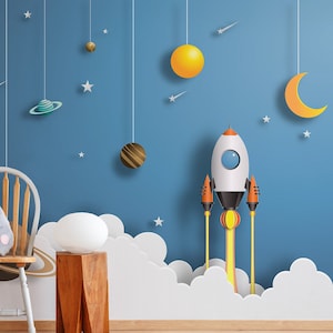 Rocket Ship Peel and Stick Wallpaper, Space Exploration Removable Wallpaper, Outer Space Nursery Decor, Kids Room Decor, Wallpaper Mural