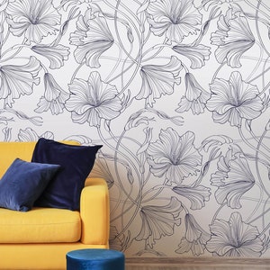 Abstract Flowers Modern Wallpaper Stick and Peel, Self Adhesive Floral Wall Mural, Removable Vinyl Wallpaper, Botanical Wall Decal AF020D