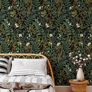 Green Leaves Wallpaper, Peel and Stick Floral Wallpaper, Elegant Flowers Botanical Wallpaper with Dark Background, Removable Wallpaper