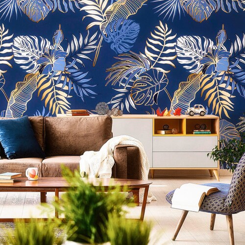 Ocean Blue Dark Wallpaper Tropical Leaves Wall Mural Peel and Etsy