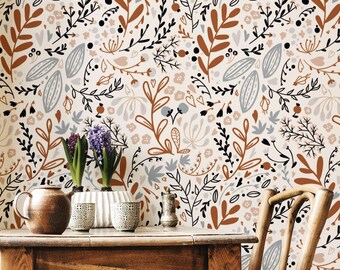 Retro Style Floral Wallpaper for Living Room Decor, Vintage 70s Style Botanical Wall Art, Luxury Nature Flowers Wall Mural, Peel and Stick