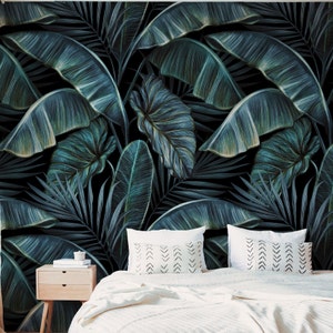 Dark Jungle Wallpaper, Banana Leaf Wallpaper Mural, Peel and Stick Wallpaper, Tropical Wallpaper, Moody Wallpaper, Wall Art for Living Room