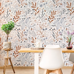 Boho Peel and Stick Wallpaper, Neutral Botanical Wallpaper, Self-Adhesive Floral Wall Mural, Earthy Tone Wall Decor, Self Adhesive Wallpaper