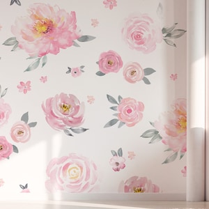 Pink Floral Wallpaper, Watercolor Floral Wall Art, Pink Peony Wall Decal, Peel and Stick Wallpaper, Living Room Mural Wallpaper, Wall Art