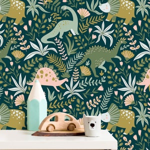Dinosaur Nursery Wallpaper, Kids Jungle Wallpaper, Jurassic Forest Wallpaper, Green Dino Botanical Wallpaper, Animal Nursery Wallpaper