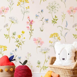 Boho Floral Wallpaper, Self-adhesive Nursery Wallpaper, Peel and Stick Wallpaper for Girl’s Room, Spring Wildflower Wallpaper for Living