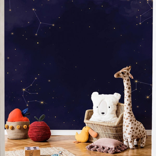 Constellation Blue Stars Wallpaper Mural, Night Sky Peel And Stick Wallpaper, Starry Sky Removable Wallpaper, Kids Room Galaxy Wallpaper