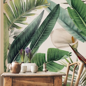 Banana Leaves Wallpaper, Green Palm Leaves Wallpaper for Home Decor, Tropical Plants Peel and Stick Wallpaper, Rustic Jungle Nature Wall Art