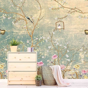 Green Chinoiserie Wallpaper, Asian Cherry Blossom Wallpapers, Green Peel & Stick Wallpaper with Birds and Flowers, Floral Vintage Wallpaper