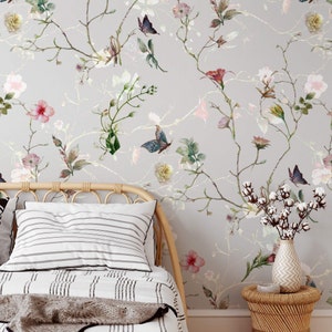 Watercolor Floral Wallpaper, Chinoiserie Wallpaper, Birds Peel and Stick Wallpaper, Nursery Wallpaper, Vintage Wallpaper, Garden Wall Art
