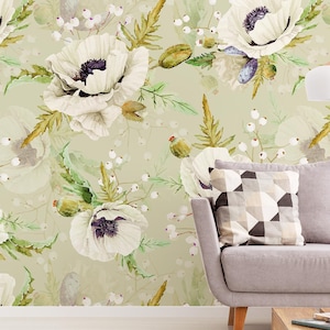 Peel and Stick Wallpaper, Removable Wallpaper, Boho Wallpaper, Wall Art, White Poppy Wallpaper, Floral Wallpaper for Home Decor