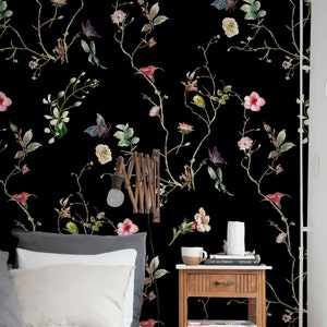 Victorian Dark Cottagecore Floral Wallpaper, Wildflower Botanical Wallpaper, Whimsical Peel and Stick Wallpaper, Japanese Dark Wallpaper