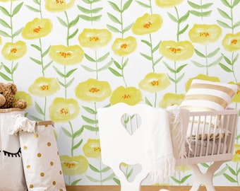 Yellow Flowers Botanical Wallpaper Home Decor, Retro 70s Style Floral Wall Art for Kids’ Room,  Nursery, Vintage Peel and Stick Wall Mural