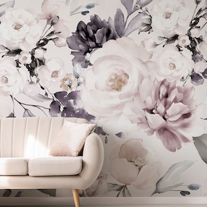 Peel and Stick Wallpaper, Mauve Floral Wallpaper, Purple Peony Wall Mural, Romantic Rose Watercolor Wallpaper for Bedroom, Modern Home Decor