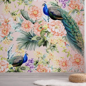 Peacock Wallpaper Peel and Stick, Floral Removable Wall Paper, Luxury Wallpaper with Birds and Flowers, Chinoiserie Wallpaper Peel and Stick