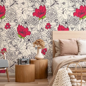 Black Red Wallpaper, Peel and stick wallpaper, Large Red Flowers Wallpaper, Poppy Flowers Wall Art, Removable Wallpaper for Living Room
