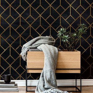 Geometric Black & Gold Wall Wallpaper, Self-adhesive Peel and Stick Wallpaper, Wallpaper Mural, Metallic Gold and Black Vinyl Wallpaper