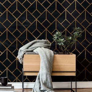 Black and Gold Wallpaper, Reusable Peel Stick Wallpaper, 1920s Elegant Luxury Wallpaper, Geometric Pattern Mural Wallpaper for Home & Office