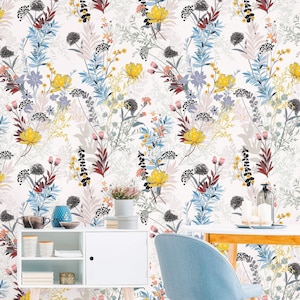 Colorful Floral Wallpaper, Removable Wallpaper Mural, Peel and Stick Wallpaper, Nature Wall Decor, Livingroom Decor, Self Adhesive Wallpaper