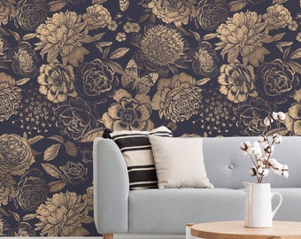 Black and Gold Wallpaper, Dark floral Peel and Stick Wallpaper, Vintage style Moody Wallpaper, Dark French Vintage Wallpaper