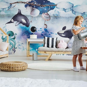 Blue Peel and Stick Wallpaper for Boy, Ocean Creatures Removable Wallpaper, Sea Life Wallpaper, Deep Sea Wallpaper, Under the Sea Mural