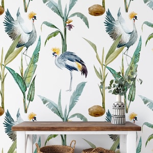 Grey Crowned Crane Bird Tropical Leaves Wallpaper, Botanical Peel and Stick Removable Wall Mural, Self Adhesive Wallpaper for Living Room