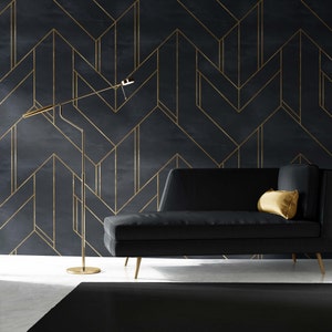 Luxurious Black and Gold Geometric Wallpaper, Faux Gold Lines Mural Wallpaper, Black Geometric Modern Wallpaper Peel & Stick Wallpaper