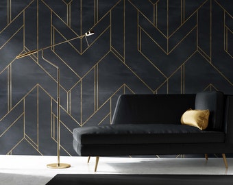 Luxurious Black and Gold Geometric Wallpaper, Faux Gold Lines Mural Wallpaper, Black Geometric Modern Wallpaper Peel & Stick Wallpaper