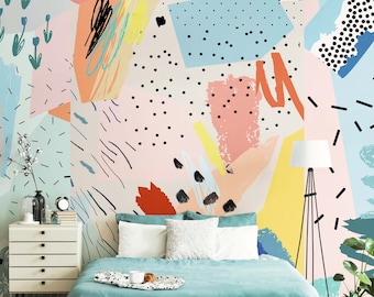 Abstract Shapes Removable Wallpaper, Colorful Geometric Wallpaper, Kids Peel Stick Wallpaper, Nursery Wallpaper, Bathroom Mural Wallpaper